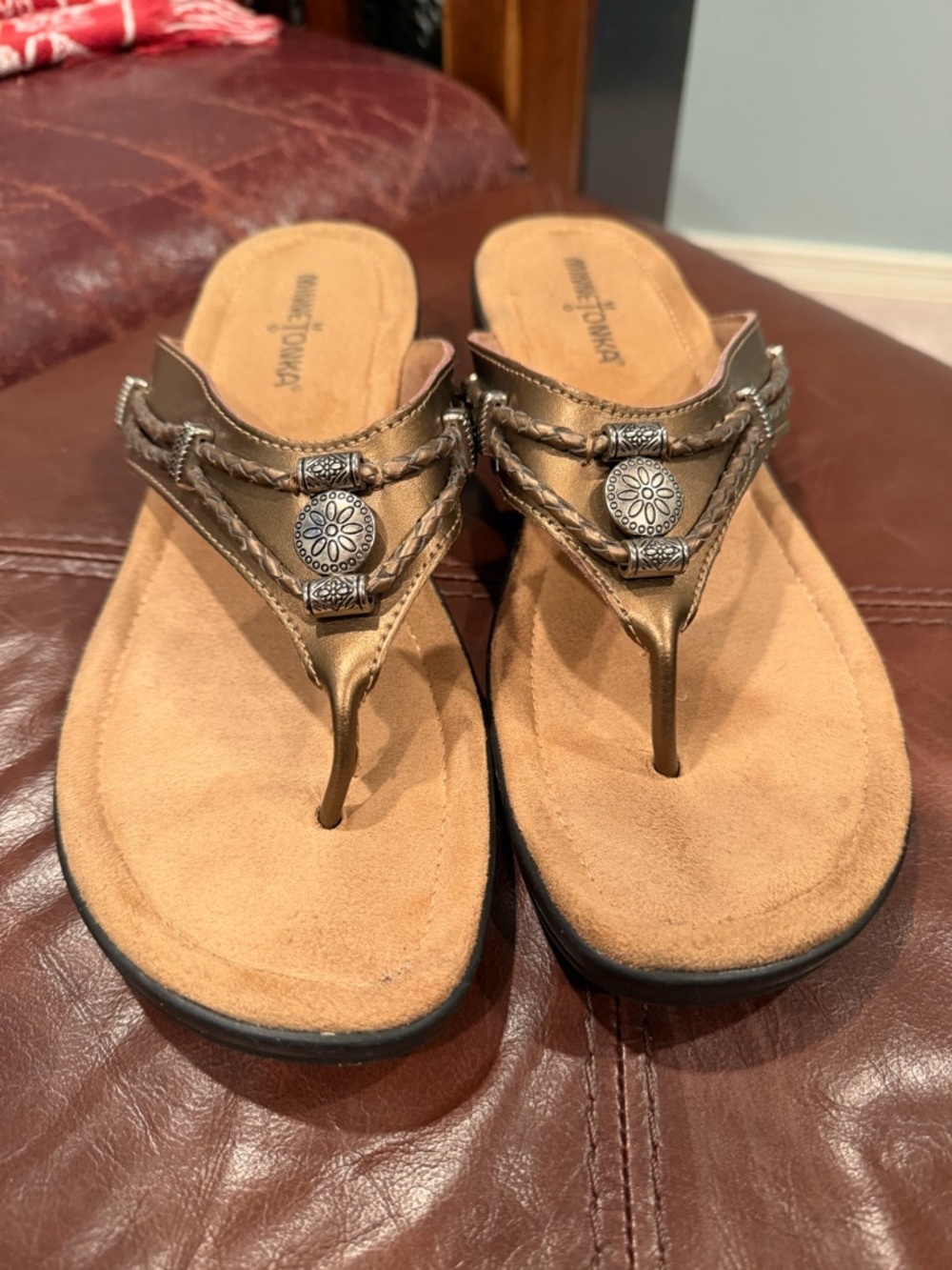 Minnetonka Bronze Braided Thong Sandals - Bronze